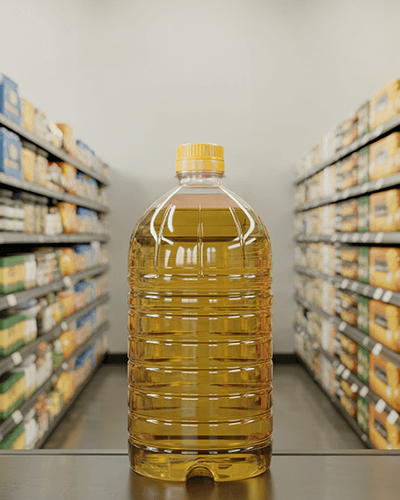 Grocery Store Oil Bottle Sticker Mockup With Yellow Cap On Retail Shelf In Clean Supermarket Aisle 0262