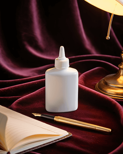 Elegant Desk Scene Sticker Mockup On Glue Bottle With Vintage Lamp Pen And Rich Burgundy Fabric 0263