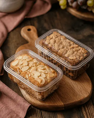 Clear Plastic Container Sticker Mockup Packaged Breakfast Bars On Wooden Serving Board