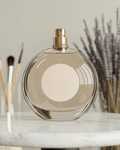 Luxury Fragrance Sticker Mockup On Round Spray Bottle In Beauty Setup With Soft Focus Brushes 0265