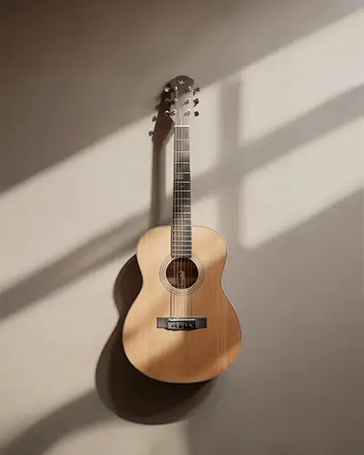 Realistic Acoustic Guitar Sticker Mockup Unique Music Instrument Hanging On Wall