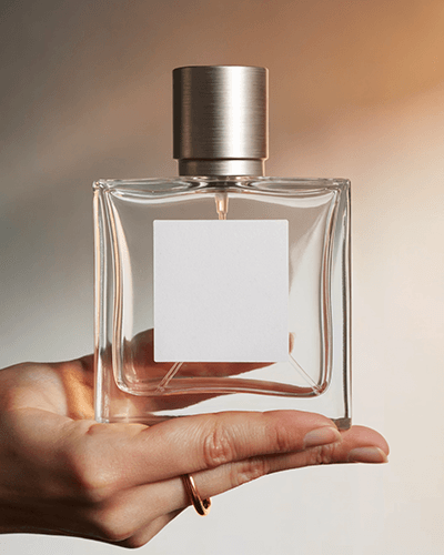 Luxury Perfume Label Mockup On Minimal Bottle With Metal Spray Cap And Evening Tone Backdrop 0266