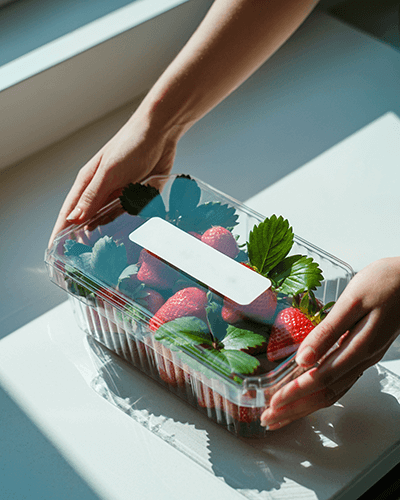 Sunlit Window Strawberry Sticker Mockup With Hands Holding Clear Fruit Container In Fresh Daylight 0267