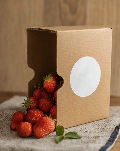 Kraft Packaging Sticker Mockup On Brown Cardboard Box With Juicy Strawberries On Cloth Napkin 0268