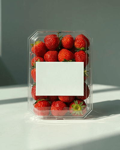 Sunlit Strawberry Container Sticker Mockup With Clear Box And Central Label On Minimal White Surface 0270
