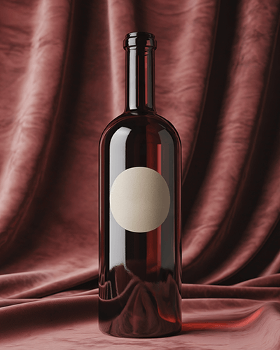 Premium Dark Glass Bottle Sticker Mockup With Round Paper Label On Soft Curtain Background 0275