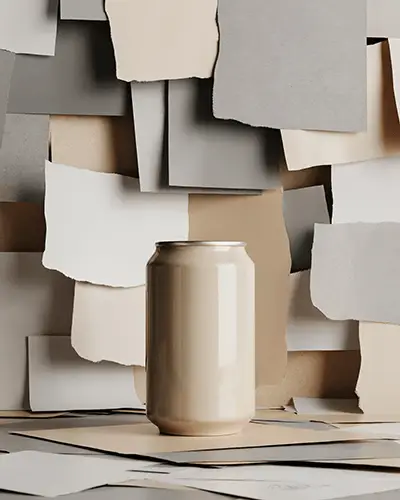 Creative Beverage Can Sticker Mockup On Matte Surface With Layered Paper Texture Backdrop 0277