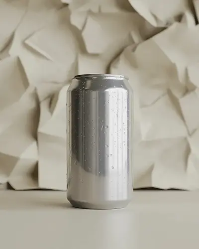 Aluminum Can Sticker Mockup With Glossy Surface Moisture Texture And Beige Crumpled Background 0278