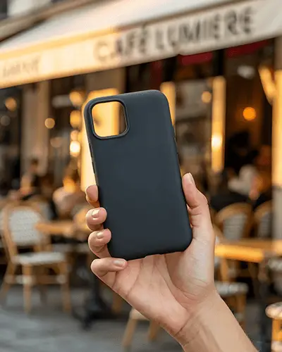 Casual Evening Phone Sticker Mockup On Black Case Held Outside Chic Restaurant Or Bistro Front 0282