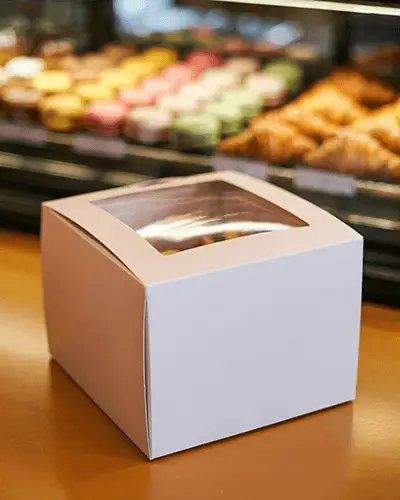 Bakery Counter Sticker Mockup With Donut Box Front Facing In Pastry Display Environment Sweet Shop 0283