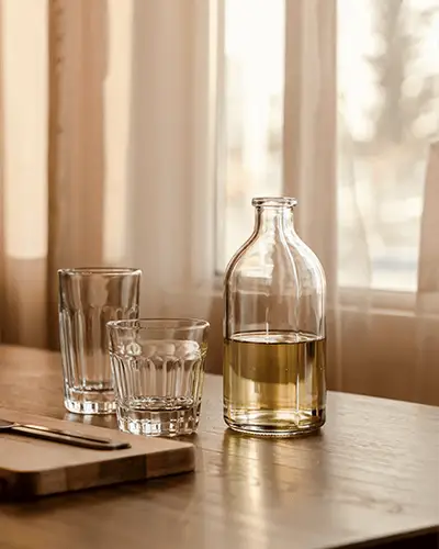 Mockup Of Sticker On Glass Bottle In Cozy Home Scene With Curtain Background