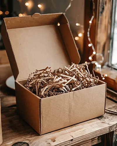Kraft Box Sticker Mockup In Cozy Indoor Environment With Shredded Paper And Lights