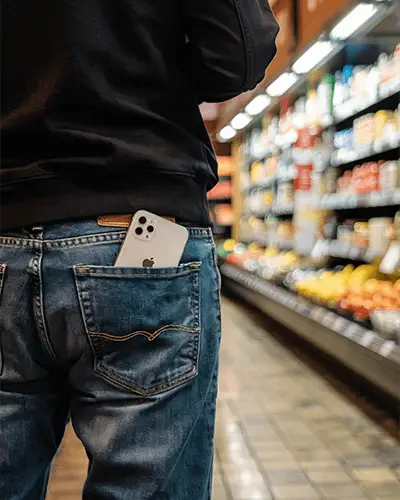 Pocket View Sticker Mockup On Phone Captured In Retail Aisle With Fruits And Shelves