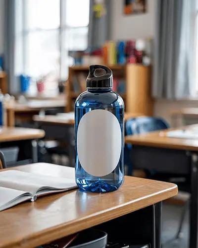 School Desk Water Bottle Sticker Mockup In Classroom Setting With Books And Window