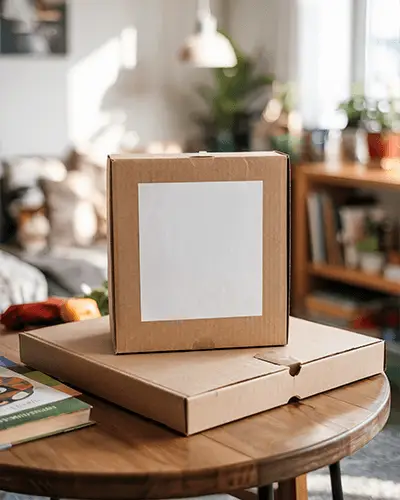square-box-sticker-mockup-on-kraft-packaging-in-cozy-home-interior-with-sunlight-glow