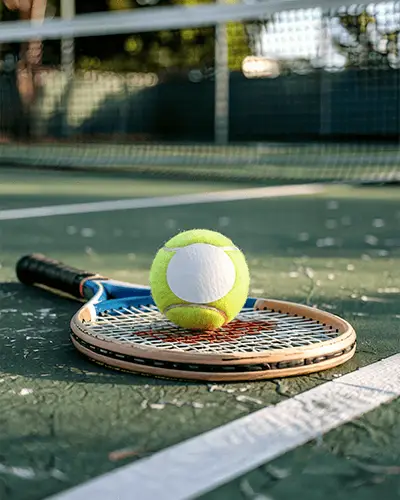 branding-label-sticker-on-sporty-tennis-ball-with-classic-racket-and-green-court-background