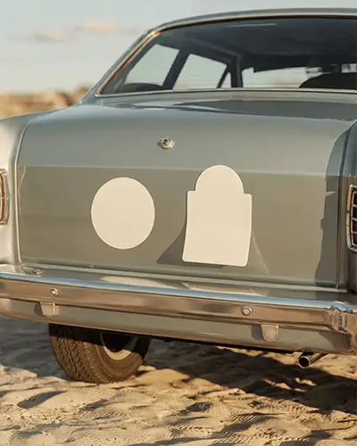 Retro Car Bumper Sticker Mockup With Sand Beach Background