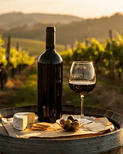 sunset-vineyard-wine-bottle-sticker-mockup-on-barrel-with-glass-and-cheese-setup
