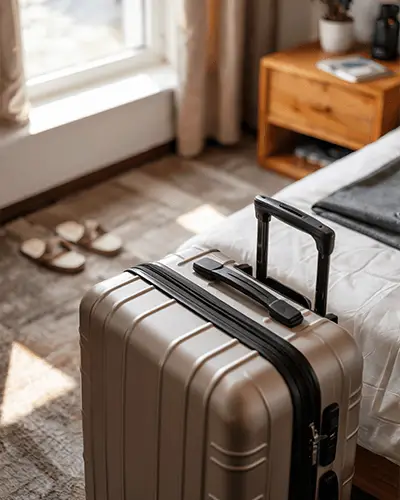 Durable Rigid Suitcase Sticker Mockup In Cozy Bedroom Lighting
