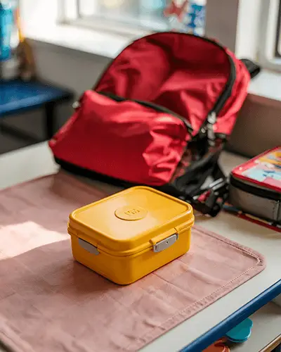 Yellow Lunchbox Sticker Mockup On Classroom Table Near Window