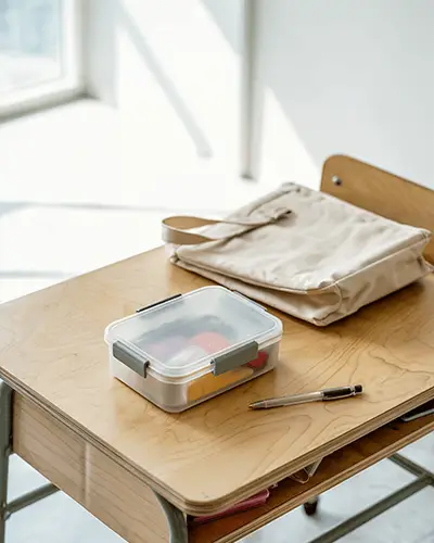 Simple And Clean Sticker Mockup On Translucent Foodbox In Minimal Sunny School Environment