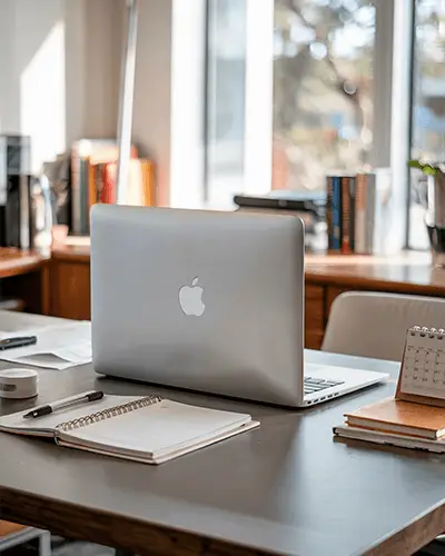 Realistic Sticker Mockup On Silver Laptop In Modern Sunlit Office With Open Notebook