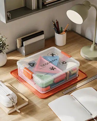 Stationery Supply Box On Wooden Desk With Sticker Mockup And Shelf Accessories