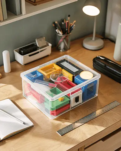 Clear Plastic Stationery Organizer Box Sticker Mockup With Multi Compartment For Desk Storage