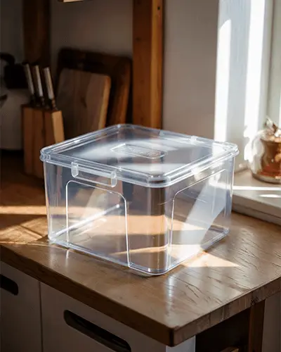 Clear Plastic Storage Box Sticker Mockup With Locking Lid For Organizing Home And Office Supplies