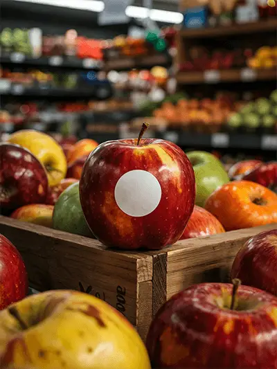 Fresh Fruit Display With Round Sticker Mockup On Red Apple In Grocery Store Setting