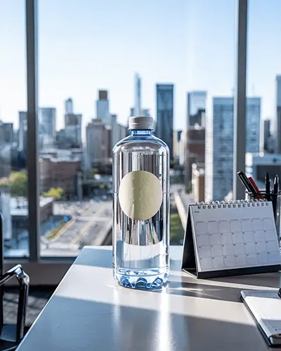 Professional Water Bottle Label Mockup Featuring Transparent Bottle Window Cityscape View