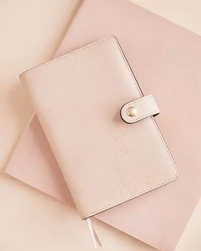 Minimal Leather Diary Sticker Mockup Closed With Button Strap Flatlay On Smooth Surface
