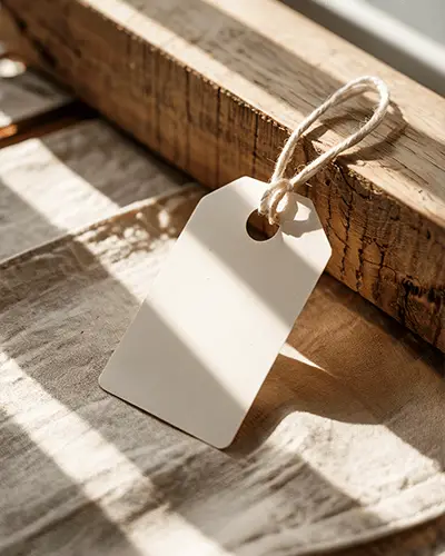 Realistic Closeup Tag Sticker Mockup With String On Wood And Fabric Background