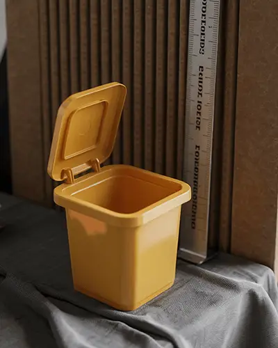 Small Square Trash Bin Sticker Mockup With Open Lid For Desk Or Room Waste Management Storage