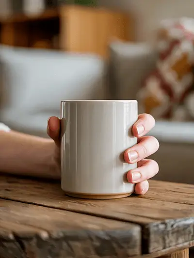 Cozy Hand Holding Mug On Rustic Wooden Table In Comfortable Living Room Setting