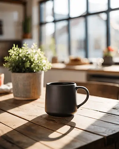 Kitchen Table Decor With Ceramic Drinking Mug And Plant In Sunlit Cozy Setting