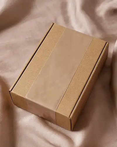 Kraft Box With Clear Label Sticker On Satin Fabric Packaging Mockup