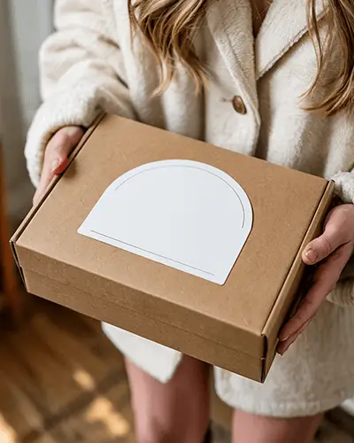 White Adhesive Arch Label On Recyclable Shipping Package Held In Hands Mockup