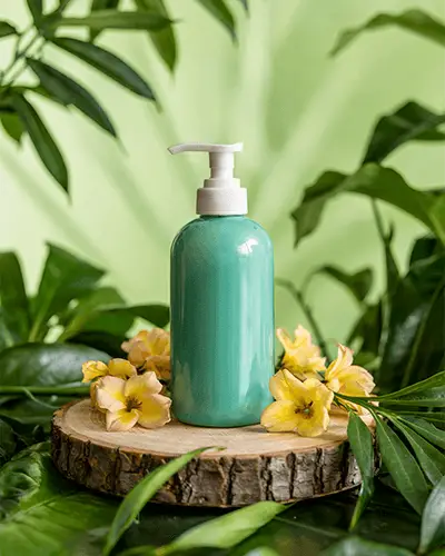 Natural Skincare Pump Bottle Sticker Mockup With Botanical Wooden Display