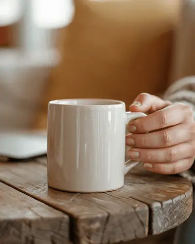 Cozy Warm Beverage Mug Sticker Mockup On Rustic Wooden Table With Hand Holding Handle