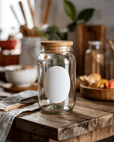 Glass Jar Sticker Mockup On Wooden Table Kitchen Countertop Environment