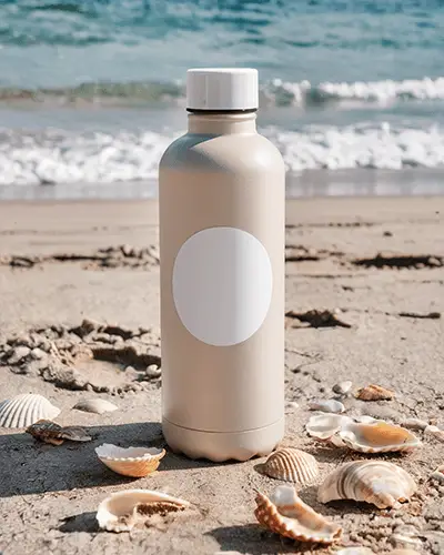 Durable Water Bottle With Round Sticker Mockup Beachside With Seashells For Branding