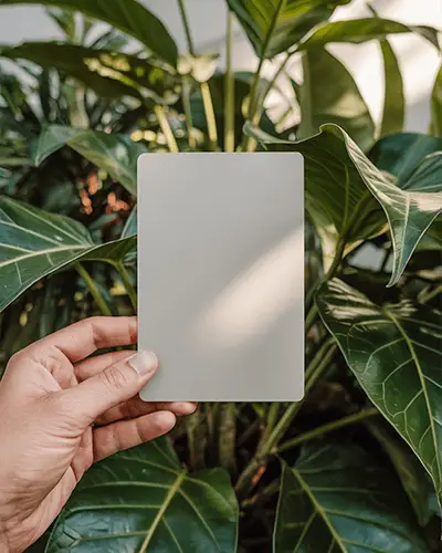 Hand Holding Rectangular Sticker Mockup With Rounded Corners Nature Background