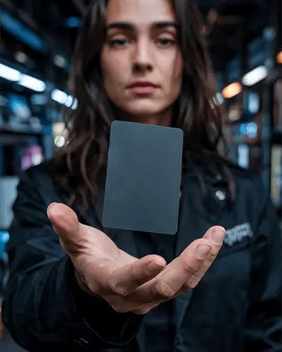 Person Showcasing Floating Rectangular Sticker Mockup For Promotional Use