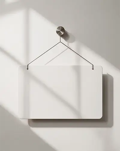 Modern Rectangular Sticker Mockup Hanging On Metal Hook Minimalist Wall Shadow Background