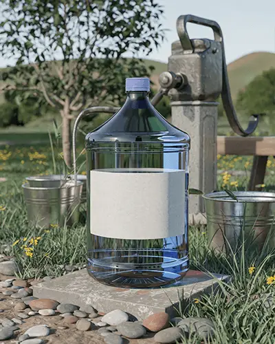 Large Clear Water Bottle Sticker Mockup Outdoor Nature Background Rustic Vintage Pump