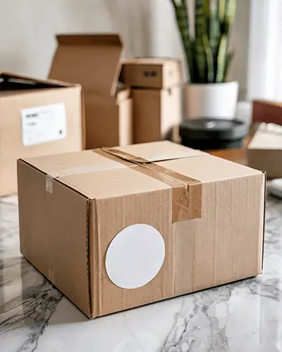 round-sticker-mockup-on-parcel-box-on-marble-surface-for-branding-purposes