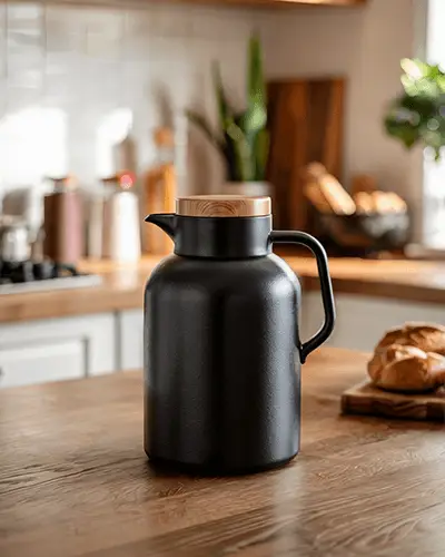 sleek-matte-black-teapot-sticker-mockup-with-rustic-wood-top-and-curved-handle-on-dining-table