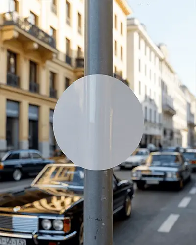 Circular Adhesive Sticker Mockup Mounted On Lamp Post In Busy City Street Scenario