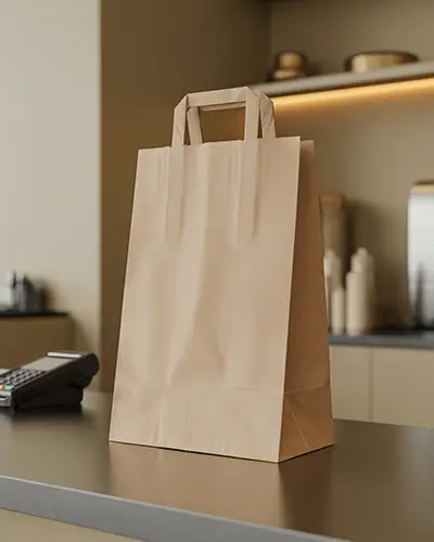 Eco Friendly Kraft Paper Shopping Bag With Handles On Modern Countertop Sticker Mockup